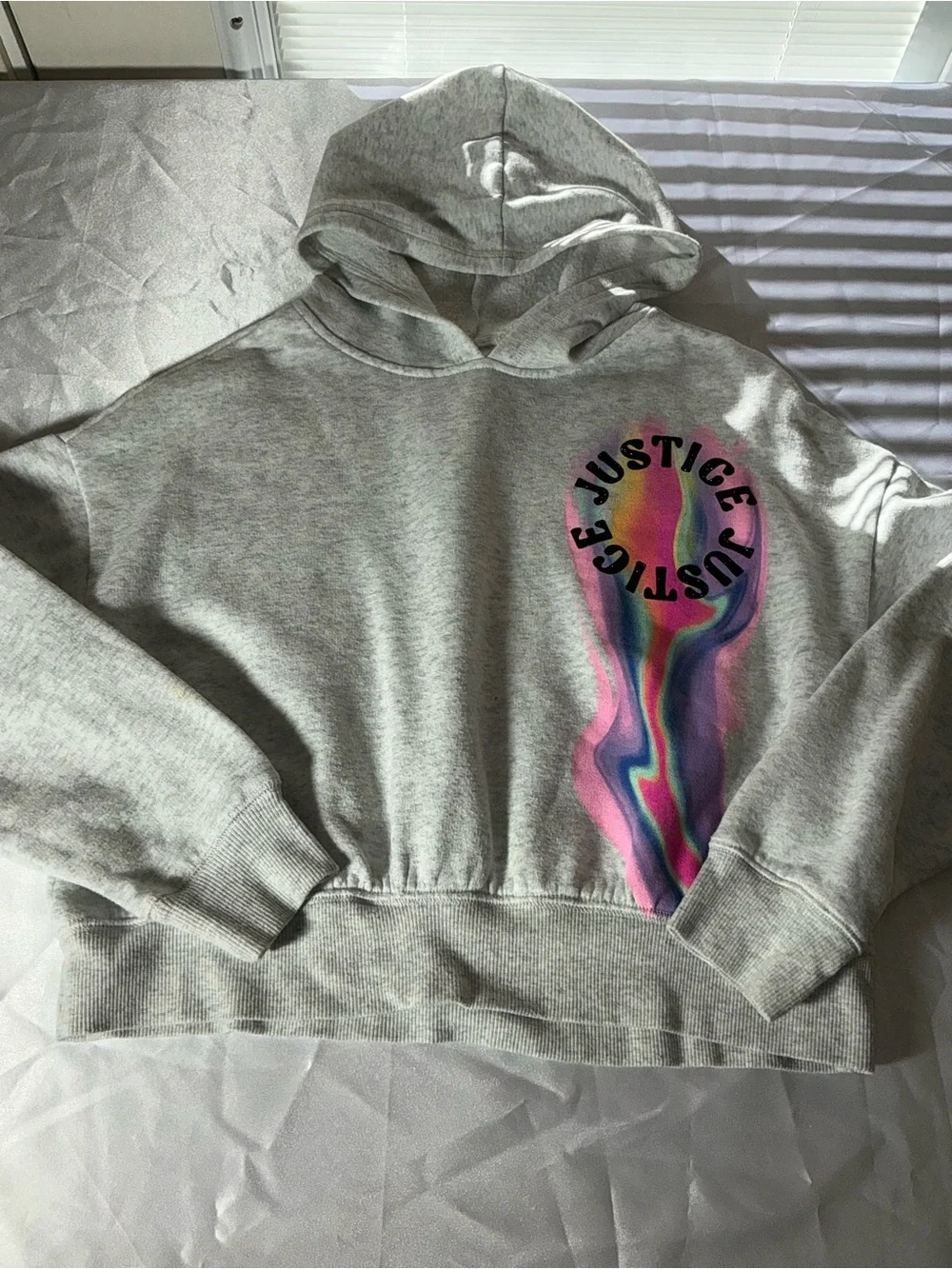 Justice Girls Light Gray Hoodie with Rainbow Marble Swirl Size M